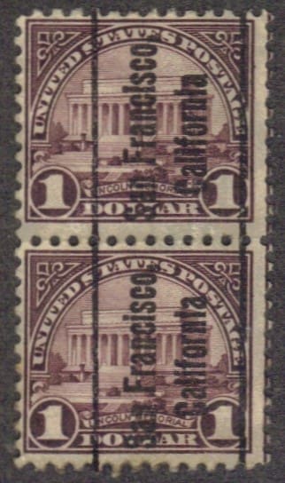 Scott# 571 "LINCOLN MEMORIAL" UNUSED PAIR WITH SAN FRANCISCO PRECANCEL