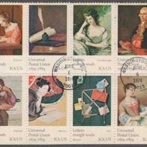 Scott# 1530-37 "UNIVERSAL POSTAL UNION" USED BLOCK (8) WITH FIRST DAY CDS CANCEL