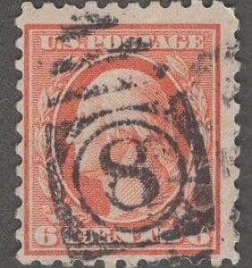 Scott# 468 "WASHINGTON" FLAT PLATE PERF 10, NUMERAL 8 DUPLEX CANCEL
