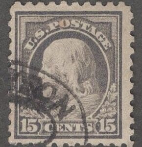 Scott# 475 FRANKLIN PERF 10 NO WMK, AKRON DBL OVAL CANCEL
