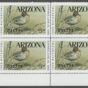 Scott# AZ2 "1988 ARIZONA STATE DUCK" MNH PLATE BLOCK (4) BELOW FACE VALUE