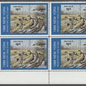 Scott# NY4 "1988 NEW YORK STATE DUCK" MNH PLATE BLOCK (4) BELOW FACE VALUE