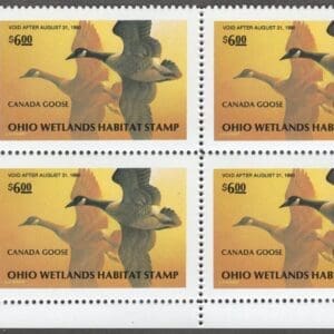 Scott# OH8 "1989 OHIO STATE DUCK" MNH PLATE BLOCK (4) BELOW FACE VALUE
