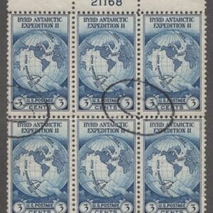 Scott# 733 "BYRD ANTARCTIC EXPO" USED PLATE BLOCK (6) PLATE# 21168