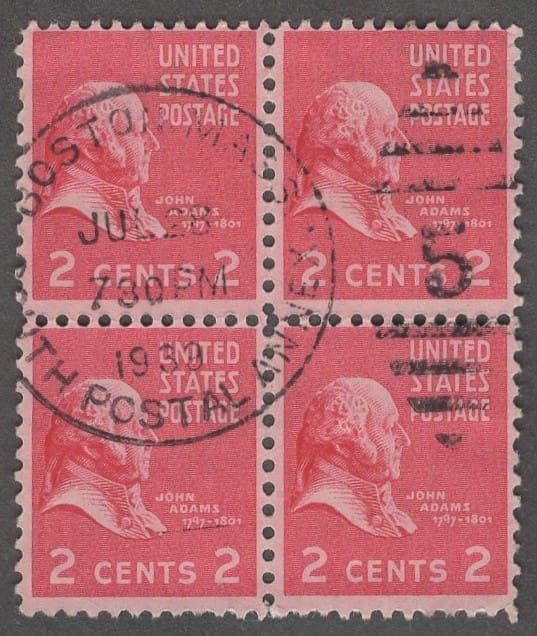 Scott# 806 "JOHN ADAMS" BLOCK (4) BOSTON MA ANNEX CDS & DUPLEX CANCEL