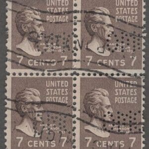 Scott# 812 "ANDREW JACKSON" USED BLOCK (4) WITH OAKLAND MOTOR CO PERFIN