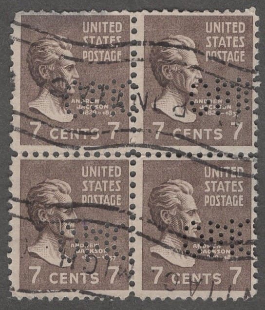 Scott# 812 "ANDREW JACKSON" USED BLOCK (4) WITH OAKLAND MOTOR CO PERFIN