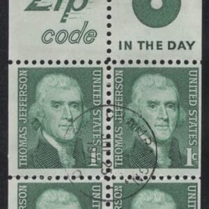 Scott# 1278b "THOMAS JEFFERSON" USED BKLET PANE (4)+ZIP & MAIL EARLY