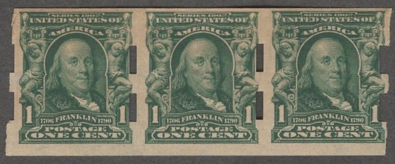 Scott# 314 "FRANKLIN" MNH IMPERF, SCHERMACK TYPE III COIL STRIP (3)