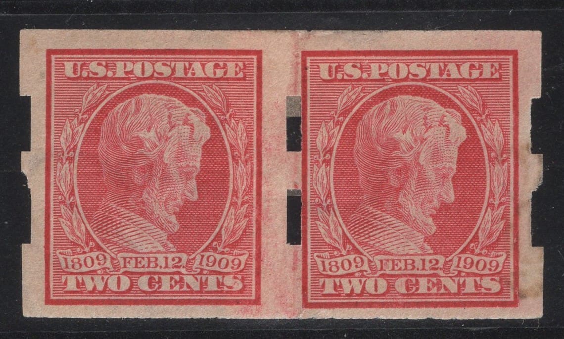 Scott# 368 "LINCOLN MEMORIAL ISSUE" MINT PASTE-UP GUIDELINE PAIR WITH SCHERMACK TYPE III PRIVATE PERFS