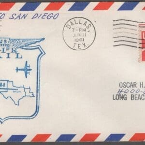Scott# UC34 "CARMINE JET" AM8 - FIRST FIGHT DALLAS TX TO SAN DIEGO CA, JUNE 11th, 1961