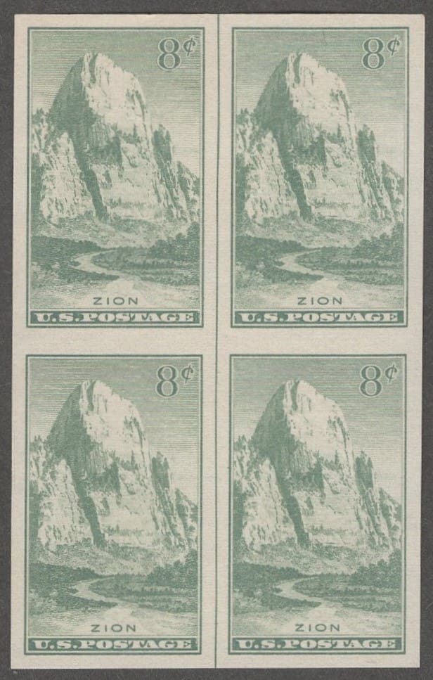 Scott# 763 "ZION PARK-NAT'L PARKS" MNH IMPERF BLOCK (4) W/VERTICAL CENTERLINE