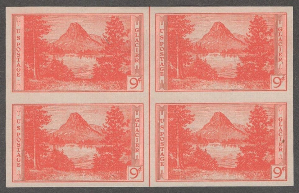 Scott# 764 "GLACIER PARK-NAT'L PARKS" MNH BLOCK (4) W/VERTICAL CENTERLINE