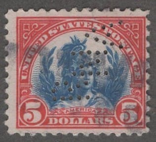 Scott# 573 "FREEDOM STATUE" WITH #R110 "RNA" PERFIN-ROYAL NEIGHBORS of AMERICA
