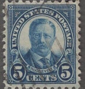 Scott# 586 "ROOSEVELT" USED, LITE BAR GRID CANCEL, VERY NICELY CENTERED