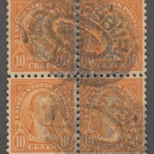 Scott# 591 "MONROE" USED BLOCK (4) W/TWIN PITTSBURGH PA DOUBLE OVALS