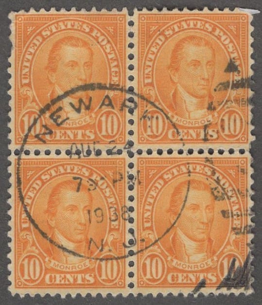 Scott# 642 "MONROE" USED BLOCK (4) DUPLEX & LARGE NEWARK N.J. CDS DATED CANCEL