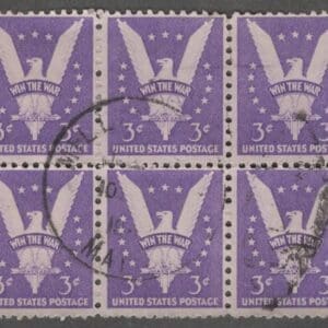 Scott# 905 "WIN THE WAR" USED BLOCK (6) MILLBURY, MA CDS AND DUPLEX CANCELS