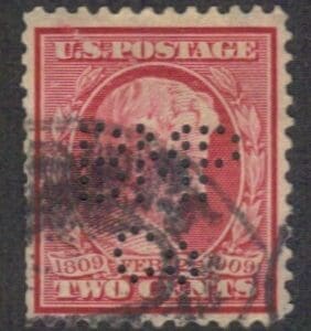 Scott# 367 "LINCOLN MEMORIAL ISSUE" DBL OVAL CANCEL, BMP CO. PERFIN