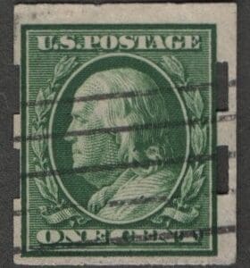 Scott# 383 "FRANKLIN" USED IMPERF, SCHERMACK III, BAR GRID CANCEL