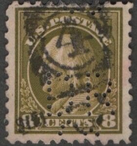 Scott# 470 "FRANKLIN" DIAMOND RUBBER CO. PERFIN, NUMERAL 4 DUPLEX