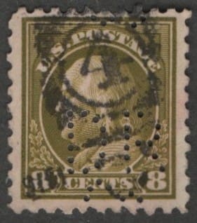 Scott# 470 "FRANKLIN" DIAMOND RUBBER CO. PERFIN, NUMERAL 4 DUPLEX