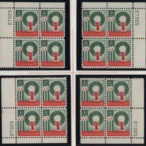 Scott# 1205 WREATH & CANDLES MNH MATCHED PLATE BLOCKS (4) P#27325