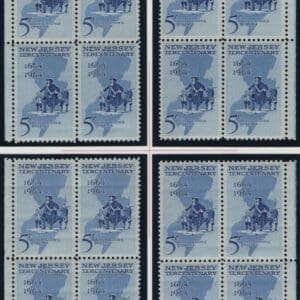 Scott# 1247 "N.J. TERCENTENARY" MATCHED PLATE BLOCKS (4) P# 27789