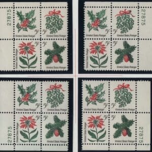 Scott# 1254-57 CHRISTMAS HOLLY MATCHED PLATE BLOCKS (4) P#27875