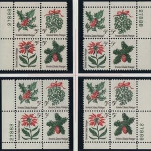 Scott# 1254-57 CHRISTMAS HOLLY MATCHED PLATE BLOCKS (4) P#27888