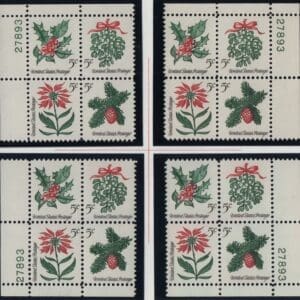Scott# 1254-57 CHRISTMAS HOLLY MATCHED PLATE BLOCKS (4) P#27893