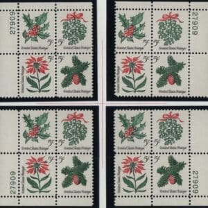 Scott# 1254-57 CHRISTMAS HOLLY MATCHED PLATE BLOCKS (4) P#27909