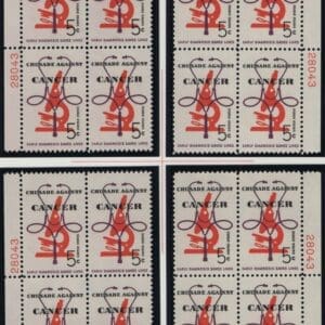 Scott# 1263 "CANCER" MNH MATCHED PLATE BLOCKS (4) PLATE# 28043/49