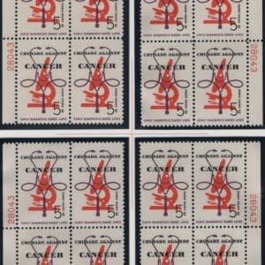 Scott# 1263 "CANCER" MNH MATCHED PLATE BLOCKS (4) PLATE# 28043/48