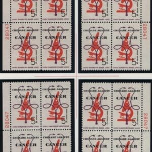 Scott# 1263 "CANCER" MNH MATCHED PLATE BLOCKS (4) PLATE# 28047/49