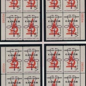 Scott# 1263 "CANCER" MNH MATCHED PLATE BLOCKS (4) PLATE# 28054/57