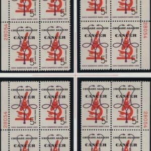 Scott# 1263 "CANCER" MNH MATCHED PLATE BLOCKS (4) PLATE# 28054/60