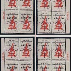 Scott# 1263 "CANCER" MNH MATCHED PLATE BLOCKS (4) PLATE# 28055/57