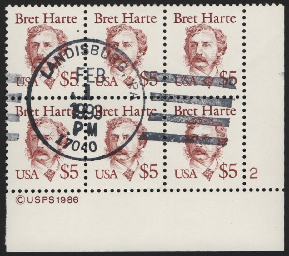 Scott# 2196 "BRET HARTE" USED PLATE BLOCK(6) LANDISBURG PA CANCEL