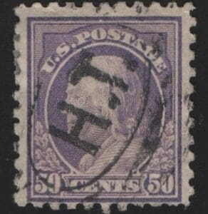 Scott# 440 FRANKLIN USED PERF 10, LETTERS H.T. DOUBLE OVAL CANCEL
