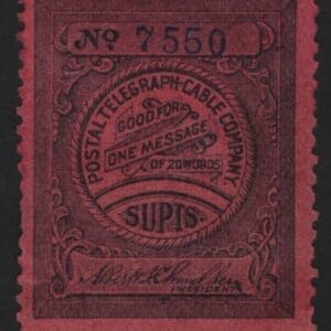 Scott# 15TO1 "POSTAL TELEGRAPH CABLE CO." MINT, INSCRIBED "SUPTS"
