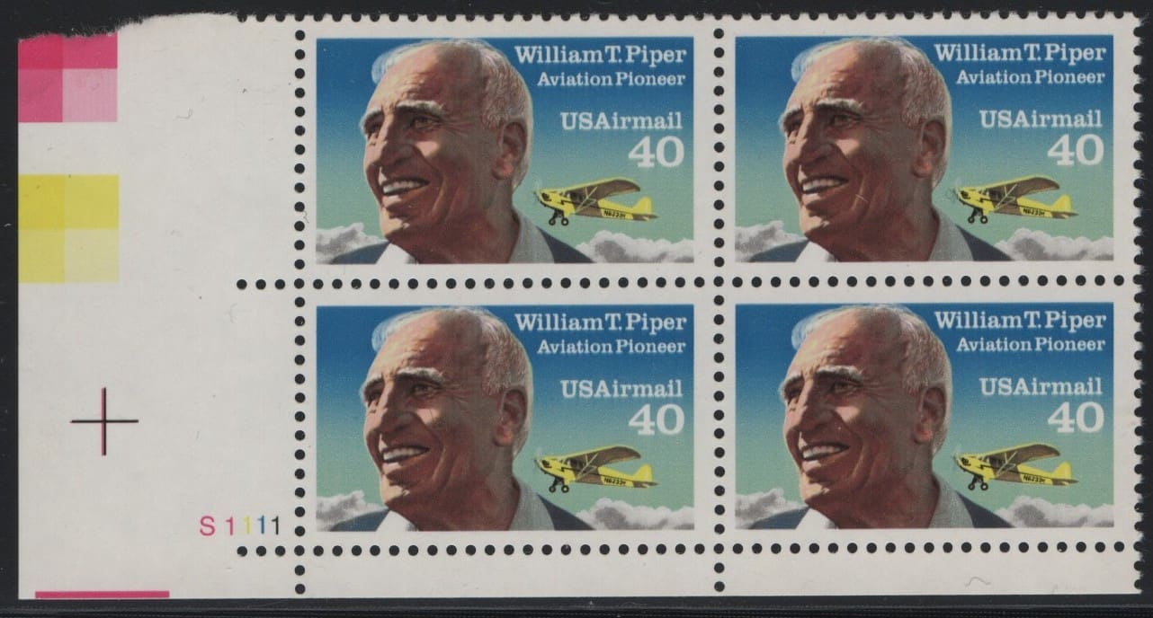Scott# C132 WILLIAM T PIPER-AVIATION PIONEER MNH PLATE BLOCK (4)