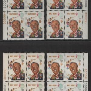 Scott# 1355 "WALT DISNEY" MNH MATCHED 4 CORNER PLATE BLOCKS (4)