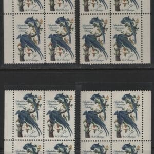 Scott# 1241 JOHN J AUDUBON-BLUE JAY MATCHED SET, PLATE BLOCKS (4)